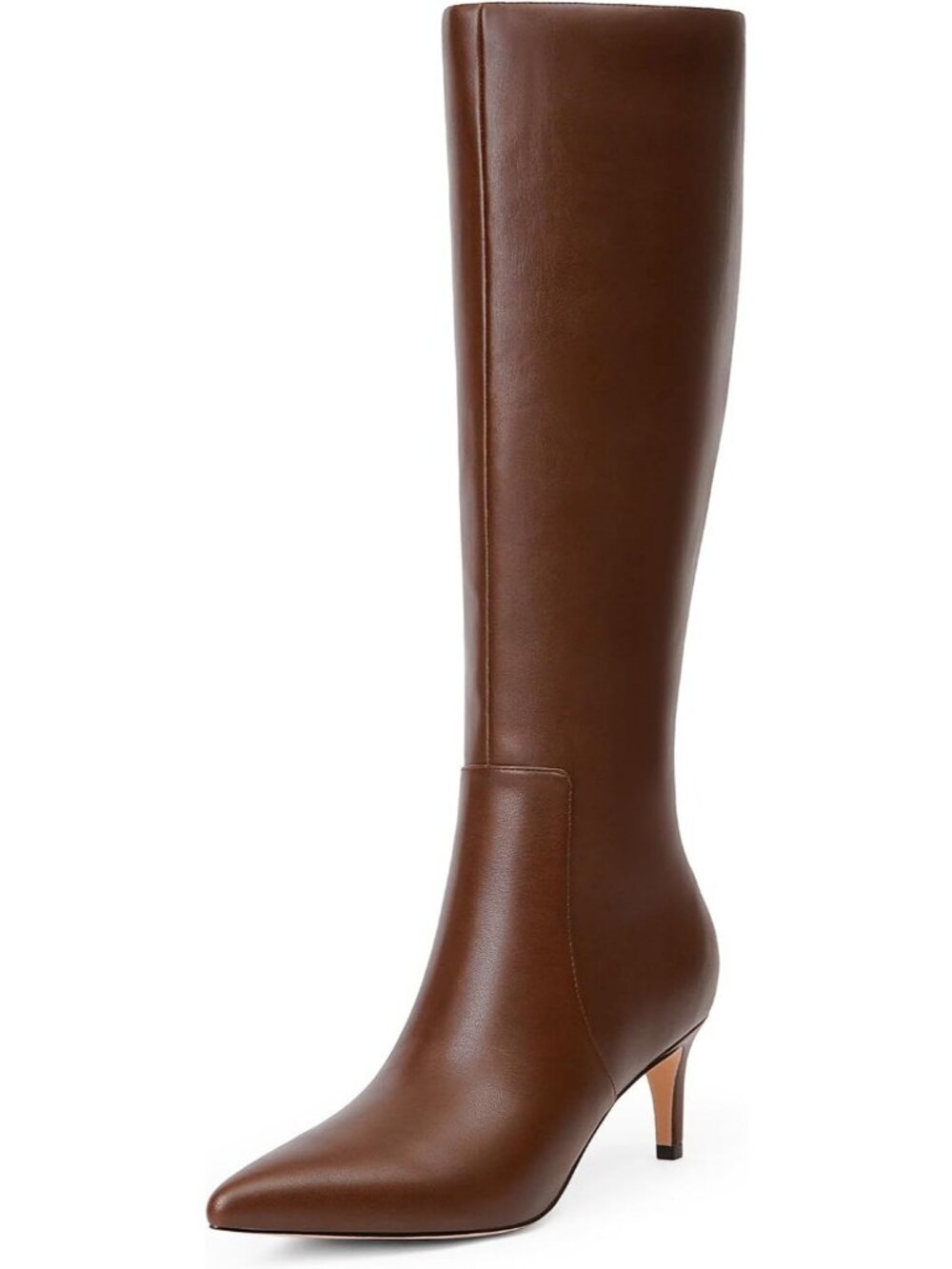 Women's Brown Faux Leather Stylish Pointed Toe Low Kitten Heel Knee High Boots